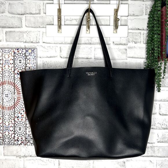 Victoria`s Secret XL Open Tote Bag Faux Leather Black Beach Bag Pool - Picture 1 of 5